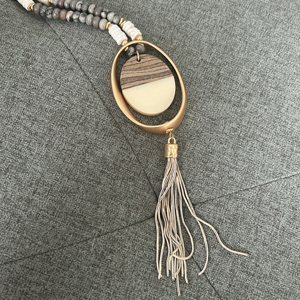 Gold Stone Long Beaded Necklace - Picture 2 of 4